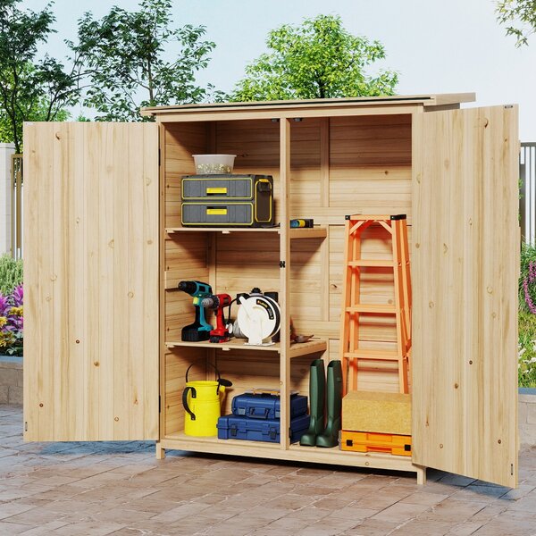 Costway Casetta da giardino per esterni con tetto inclinato in asfalto impermeabile, Casetta armadietto da giardino in legno per cortile
