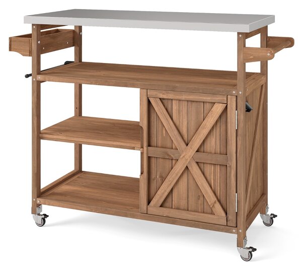 Costway Carrello barbecue in legno con spazio di conservazione isola da cucina esterna, Carrello con 3 ripiani aperti e mobile