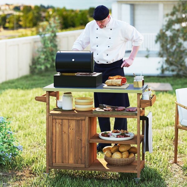 Costway Carrello barbecue in legno con spazio di conservazione isola da cucina esterna, Carrello con 3 ripiani aperti e mobile