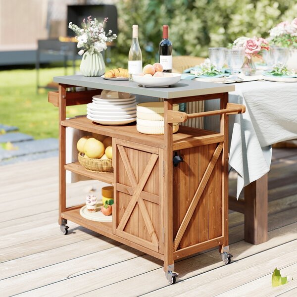 Costway Carrello barbecue in legno con spazio di conservazione isola da cucina esterna, Carrello con 3 ripiani aperti e mobile
