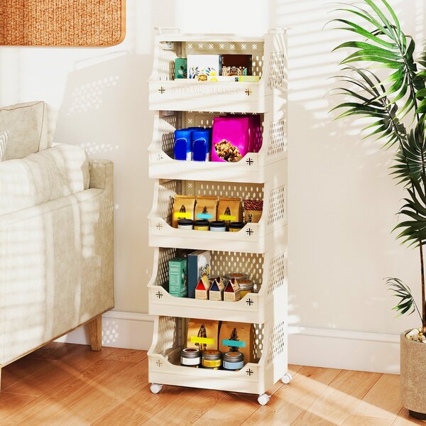 Costway Cestino per bucato 6 piani carrello impilabile in plastica, Cestino per bucato organizzatore aperto per lavanderia Beige