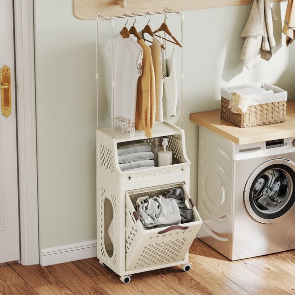 Costway Cesto portabiancheria con ruote mentre plastica multistrato, Cesto portabiancheria con ruote ganci e contenitore Beige