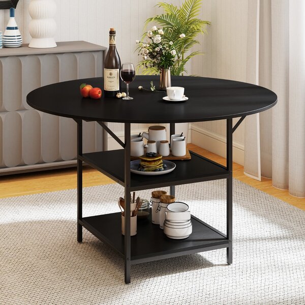 Costway Tavolo da pranzo rotondo rustico ripiano aperto a 2 livelli, Tavolo da pranzo rotondo 120 cm per 4-6 persone Nero