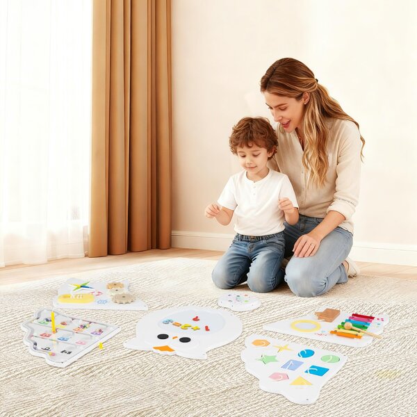 Costway Pannelli muro attività gufo tavola gioco 11 in 1 per bambini, Pannelli muro attività gufo centro montessori in legno Bianco