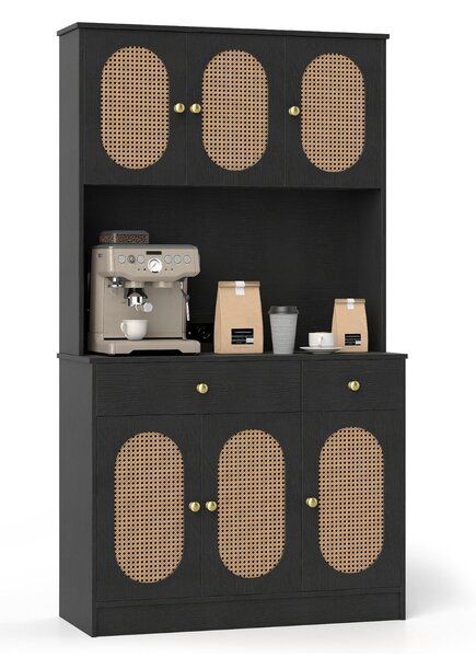 Costway Credenza indipendente boho per soggiorno con 6 ante in rattan 2 cassetti, Mobile dispensa 180 cm con vetrina Nero