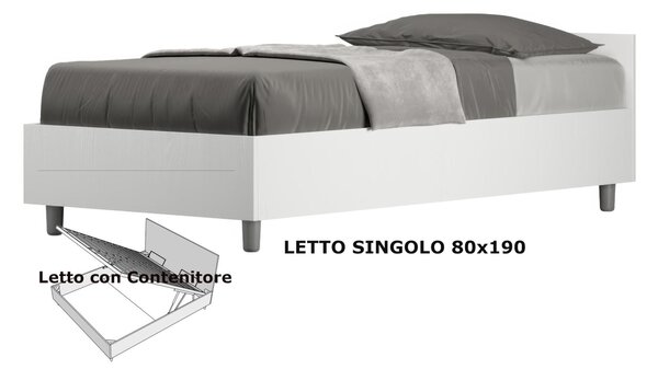 Letto Singolo con Contenitore, Testata Bassa, E Rete Modello NUAMO Dimensioni 80x190 cm Stile Minimal ed Essenziale Colore Bianco Frassino