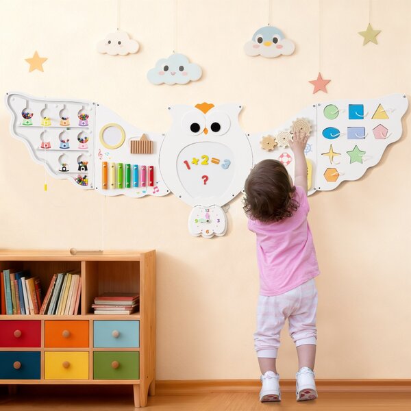 Costway Pannelli muro attività gufo tavola gioco 11 in 1 per bambini, Pannelli muro attività gufo centro montessori in legno Bianco