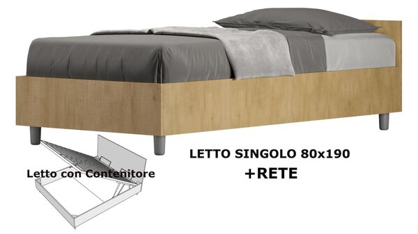 Letto Singolo con Contenitore con Contenitore, Modello NUAMO Dimensioni 80x190 cm Stile Minimal ed Essenziale Colore Quercia