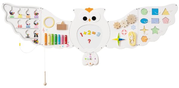 Costway Pannelli muro attività gufo tavola gioco 11 in 1 per bambini, Pannelli muro attività gufo centro montessori in legno Bianco
