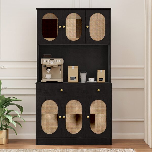 Costway Credenza indipendente boho per soggiorno con 6 ante in rattan 2 cassetti, Mobile dispensa 180 cm con vetrina Nero
