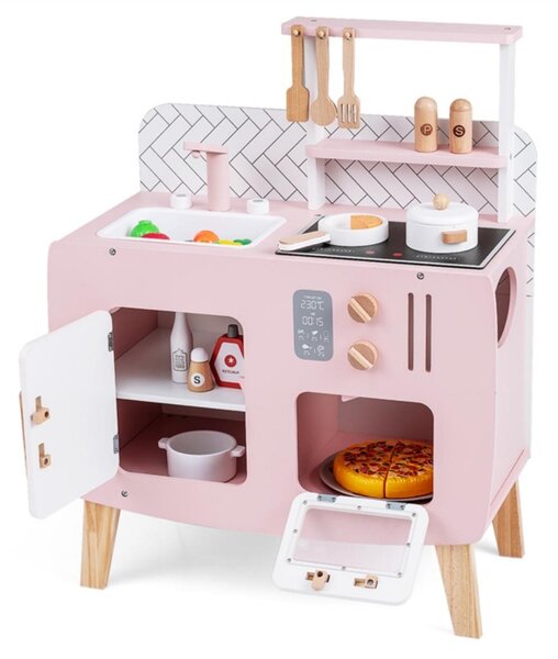 Costway Cucina giocattolo per bambini set cucina in legno con fornelli lavandino rubinetto e forno, Cucina set da chef gioco