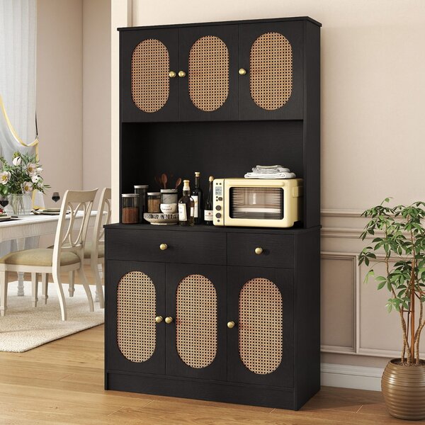 Costway Credenza indipendente boho per soggiorno con 6 ante in rattan 2 cassetti, Mobile dispensa 180 cm con vetrina Nero
