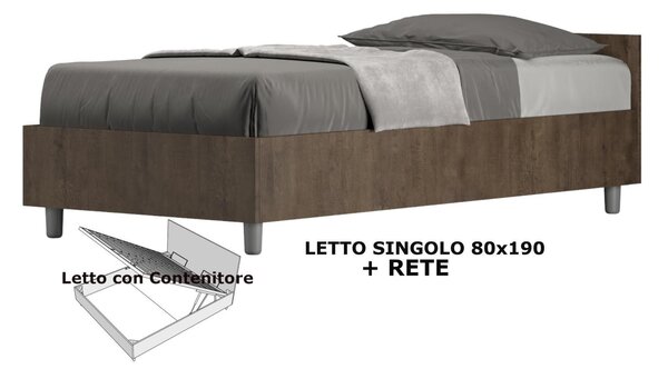 Letto Singolo con Contenitore con Contenitore, Modello NUAMO Dimensioni 80x190 cm Stile Minimal ed Essenziale Colore Noce