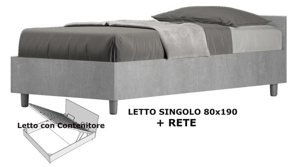 Letto Singolo con Contenitore con Contenitore, E Rete Modello NUAMO Dimensioni 80x190 cm Stile Minimal ed Essenziale Colore Cemento