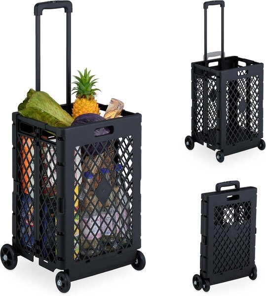 Carrello pieghevole per la spesa - Con ruote - Capacità fino a 25 kg - Cesto per la spesa - Maniglia telescopica - Colore: nero
