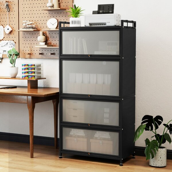 Costway Armadio da cucina a 5 ripiani con 4 ante a ribalta e piedini regolabili, Carrello porta microonde per sala da pranzo Nero