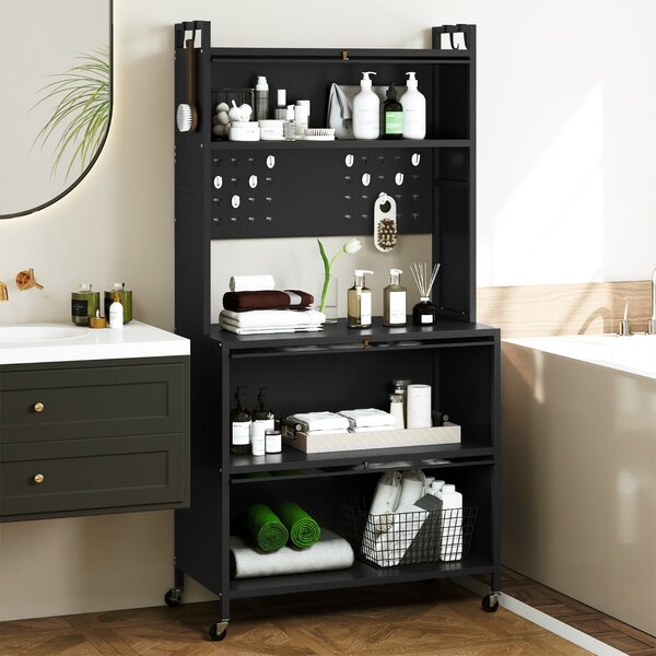 Costway Mobile da cucina rete a 5 ripiani supporto microonde ante a ribalta, Mobile da cucina pannello con ganci Grigio