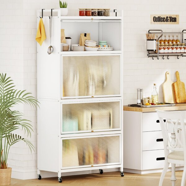 Costway Armadio da cucina a 5 ripiani con 4 ante a ribalta e piedini regolabili, Carrello porta microonde per sala da pranzo Bianco