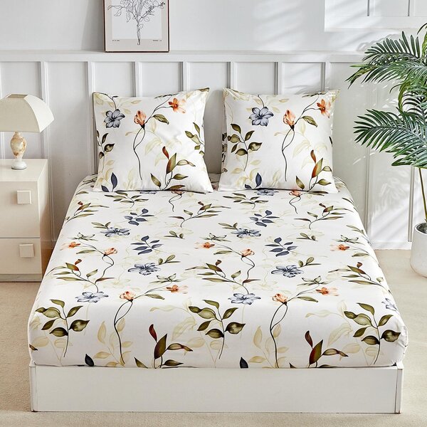 Solidchoice - Lenzuolo matrimoniale 160x200 cm, beige, motivo foglie autunnali, con 2 federe