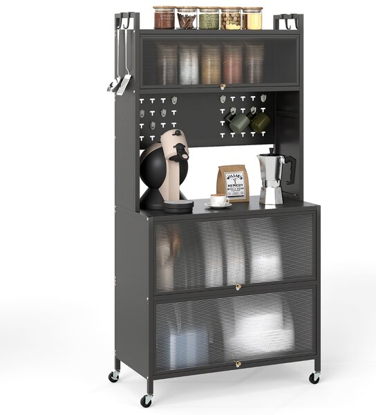 Costway Mobile da cucina rete a 5 ripiani supporto microonde ante a ribalta, Mobile da cucina pannello con ganci Grigio