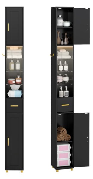 Costway Mobiletto da bagno 181 cm organizzatore con 2 ante ripiani regolabili, Mobiletto da bagno 3 ripiani vetro temperato Nero
