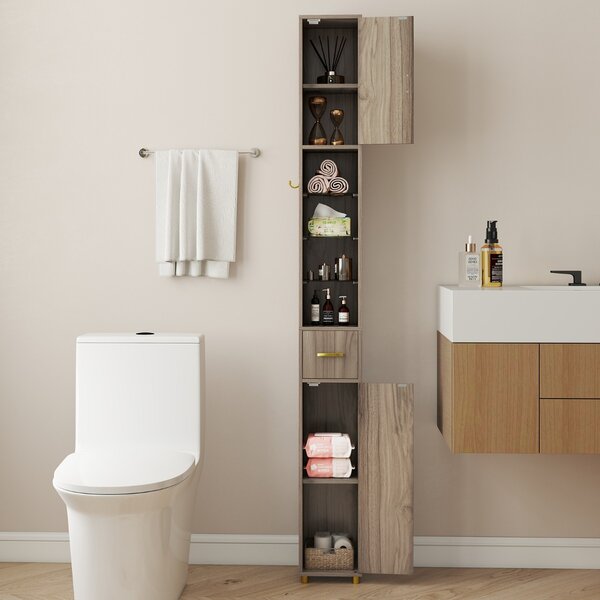 Costway Mobiletto da bagno 181 cm organizzatore con 2 ante ripiani regolabili, Mobiletto da bagno 3 ripiani vetro temperato Grigio