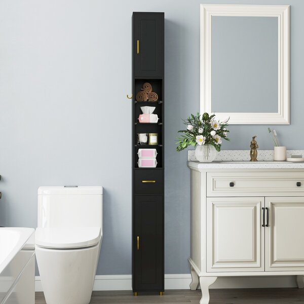 Costway Mobiletto da bagno 181 cm organizzatore con 2 ante ripiani regolabili, Mobiletto da bagno 3 ripiani vetro temperato Nero