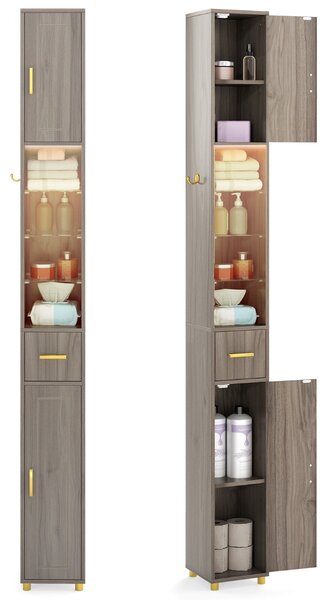 Costway Mobiletto da bagno 181 cm organizzatore con 2 ante ripiani regolabili, Mobiletto da bagno 3 ripiani vetro temperato Grigio