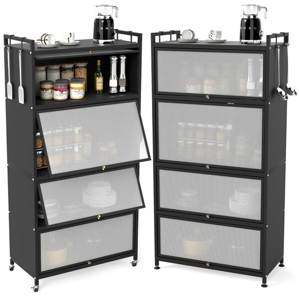 Costway Armadio da cucina a 5 ripiani con 4 ante a ribalta e piedini regolabili, Carrello porta microonde per sala da pranzo Nero