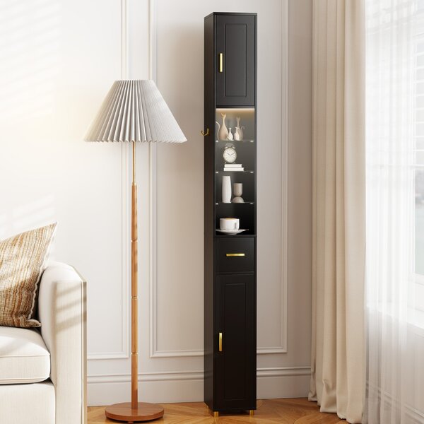 Costway Mobiletto da bagno 181 cm organizzatore con 2 ante ripiani regolabili, Mobiletto da bagno 3 ripiani vetro temperato Nero