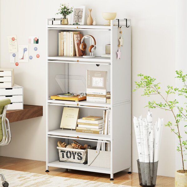 Costway Armadio da cucina a 5 ripiani con 4 ante a ribalta e piedini regolabili, Carrello porta microonde per sala da pranzo Bianco