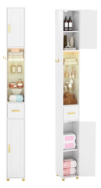 Costway Mobiletto da bagno 181 cm organizzatore con 2 ante ripiani regolabili, Mobiletto da bagno 3 ripiani vetro temperato Bianco