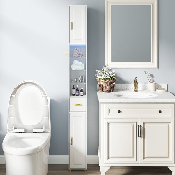 Costway Mobiletto da bagno 181 cm organizzatore con 2 ante ripiani regolabili, Mobiletto da bagno 3 ripiani vetro temperato Bianco