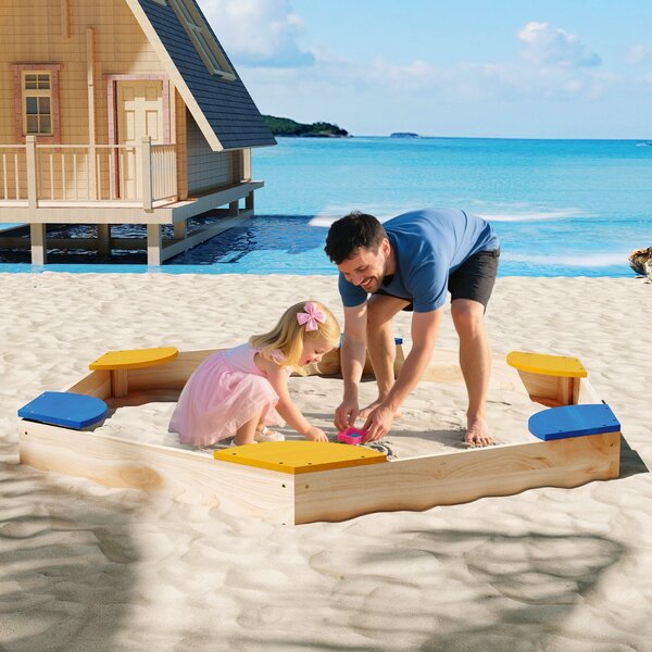 Costway Sabbiera esagonale in legno combo piscina di sabbia e fioriera aperta con 6 sedili comodi, Sabbiera per bambini 3+ anni