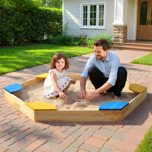 Costway Sabbiera esagonale in legno combo piscina di sabbia e fioriera aperta con 6 sedili comodi, Sabbiera per bambini 3+ anni