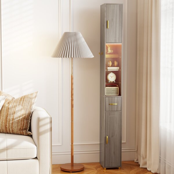 Costway Mobiletto da bagno 181 cm organizzatore con 2 ante ripiani regolabili, Mobiletto da bagno 3 ripiani vetro temperato Grigio