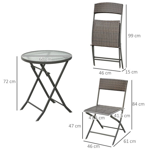 Outsunny Set da Giardino da 3 Pezzi con 2 Sedie e Tavolo Rotondo Pieghevoli, Piano in Vetro Temperato, in Rattan Sintetico, Color Cioccolato