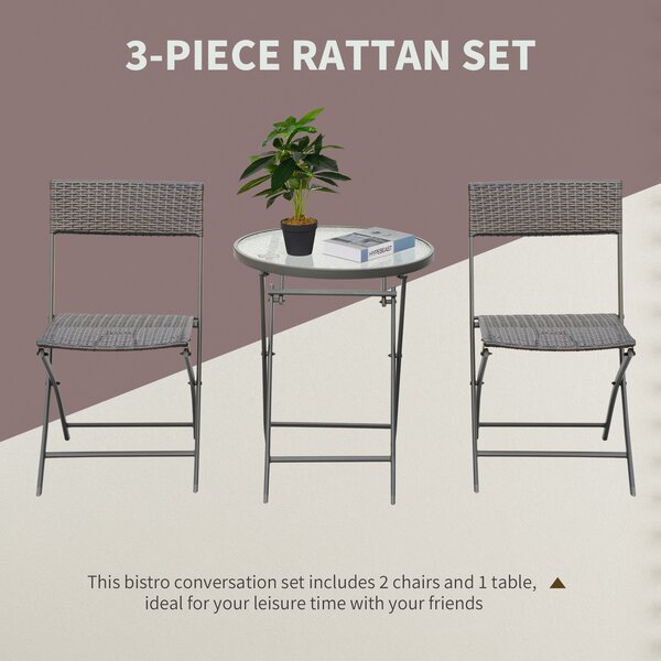 Outsunny Set da Giardino da 3 Pezzi con 2 Sedie e Tavolo Rotondo Pieghevoli, Piano in Vetro Temperato, in Rattan Sintetico, Color Cioccolato