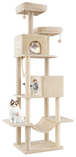 Costway Albero per gatti 205cm torre multi-livello con 2 condomini, Albero per gatti 2 postazioni soffici Beige