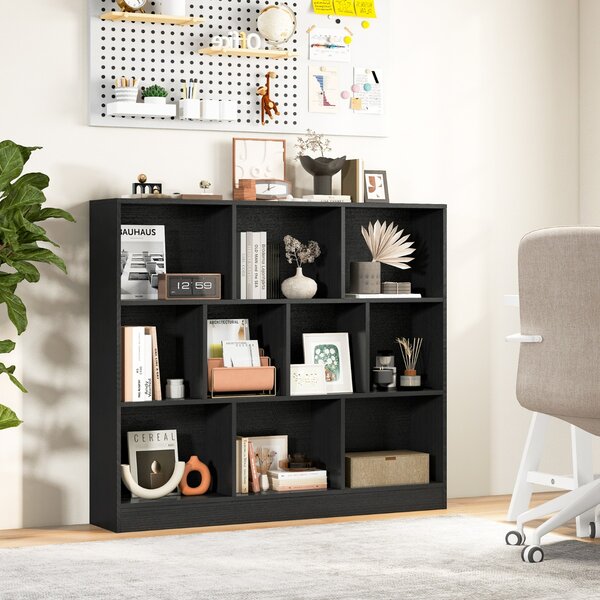 Costway Libreria a 10 cubi con 2 kit anti-ribaltamento, Organizzatore di stoccaggio a 3 ripiani in legno alto 104cm Nero