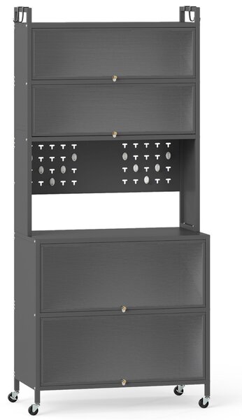 Costway Armadio cucina 6 livelli buffet credenza, Porte ribalta supporto microonde pannello forato ganci Grigio