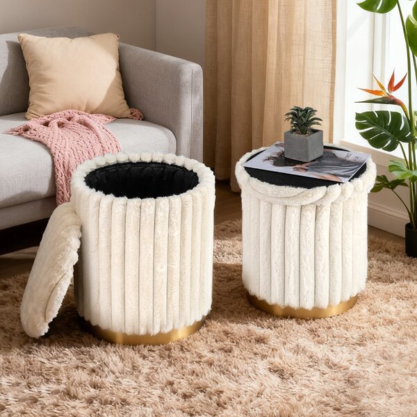 Costway Set moderno di 2 pouf rotondi con rivestimento in pelo di coniglio, Moderno morbidi poggiapiedi imbottiti per soggiorno