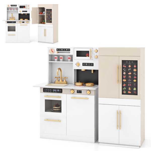 Costway Set da cucina giocattolo combinazione frigorifero macchina da caffè, Set da cucina giocattolo microonde fornello Bianco