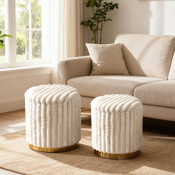 Costway Set moderno di 2 pouf rotondi con rivestimento in pelo di coniglio, Moderno morbidi poggiapiedi imbottiti per soggiorno