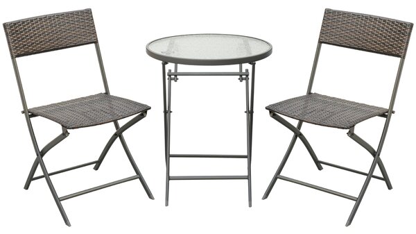 Outsunny Set da Giardino da 3 Pezzi con 2 Sedie e Tavolo Rotondo Pieghevoli, Piano in Vetro Temperato, in Rattan Sintetico, Color Cioccolato