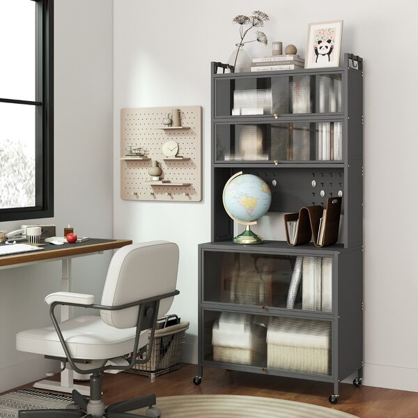 Costway Armadio cucina 6 livelli buffet credenza, Porte ribalta supporto microonde pannello forato ganci Grigio