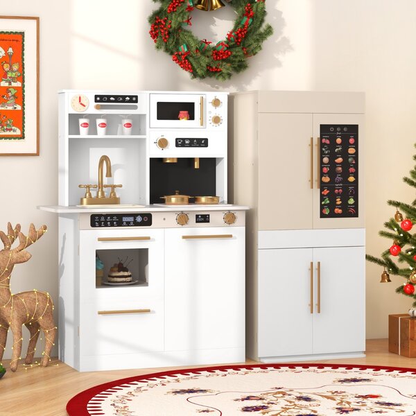 Costway Set da cucina giocattolo combinazione frigorifero macchina da caffè, Set da cucina giocattolo microonde fornello Bianco