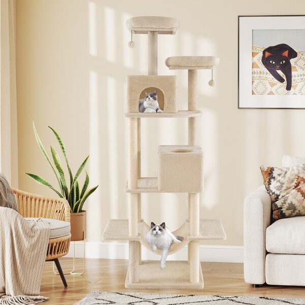 Costway Albero per gatti 205cm torre multi-livello con 2 condomini, Albero per gatti 2 postazioni soffici Beige