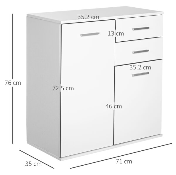 HOMCOM Cassettiera da Ufficio 2 Cassetti 2 Ante con Ripiano Regolabile Legno 71x35x76cm Bianco