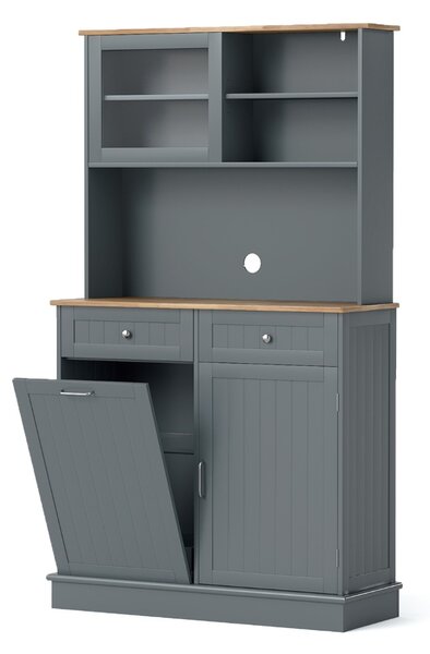 Costway Armadio per rifiuti inclinato alto da cucina con pattumiera, Armadio per rifiuti doppio inclinazione piano gomma Grigio